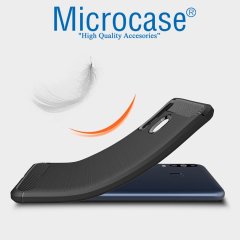 Microcase Samsung Galaxy A40s Brushed Carbon Fiber Silikon Kılıf - Siyah + Tempered Glass Cam Koruma