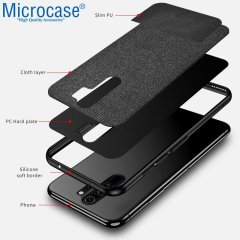 Microcase Huawei Y6P Fabrik Serisi Kumaş ve Deri Desen Kılıf  - Gri + Tempered Glass Cam Koruma