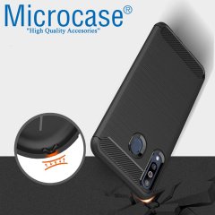 Microcase Samsung Galaxy A40s Brushed Carbon Fiber Silikon Kılıf - Siyah + Tempered Glass Cam Koruma