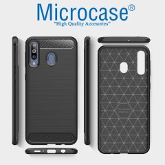 Microcase Samsung Galaxy A40s Brushed Carbon Fiber Silikon Kılıf - Siyah + Tempered Glass Cam Koruma