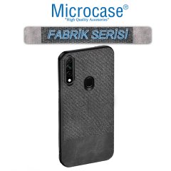 Microcase Huawei Y6P Fabrik Serisi Kumaş ve Deri Desen Kılıf  - Gri + Tempered Glass Cam Koruma