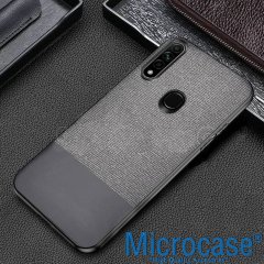 Microcase Huawei Y6P Fabrik Serisi Kumaş ve Deri Desen Kılıf  - Gri + Tempered Glass Cam Koruma