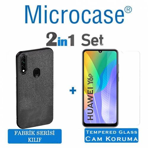 Microcase Huawei Y6P Fabrik Serisi Kumaş ve Deri Desen Kılıf  - Gri + Tempered Glass Cam Koruma