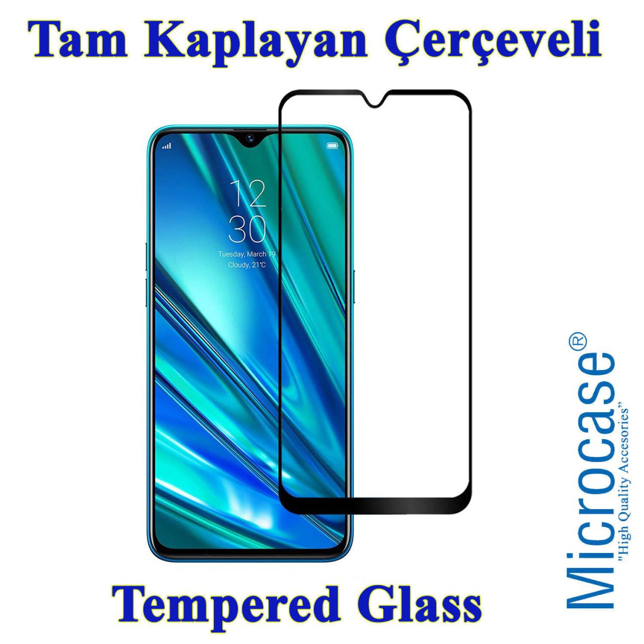 Microcase Realme 5 Pro Tam Kaplayan Çerçeveli Tempered Cam - Siyah