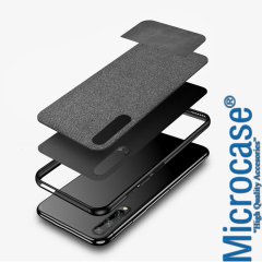 Microcase Huawei P Smart S - Y8P Fabrik Serisi Kumaş ve Deri Desen Kılıf - Gri