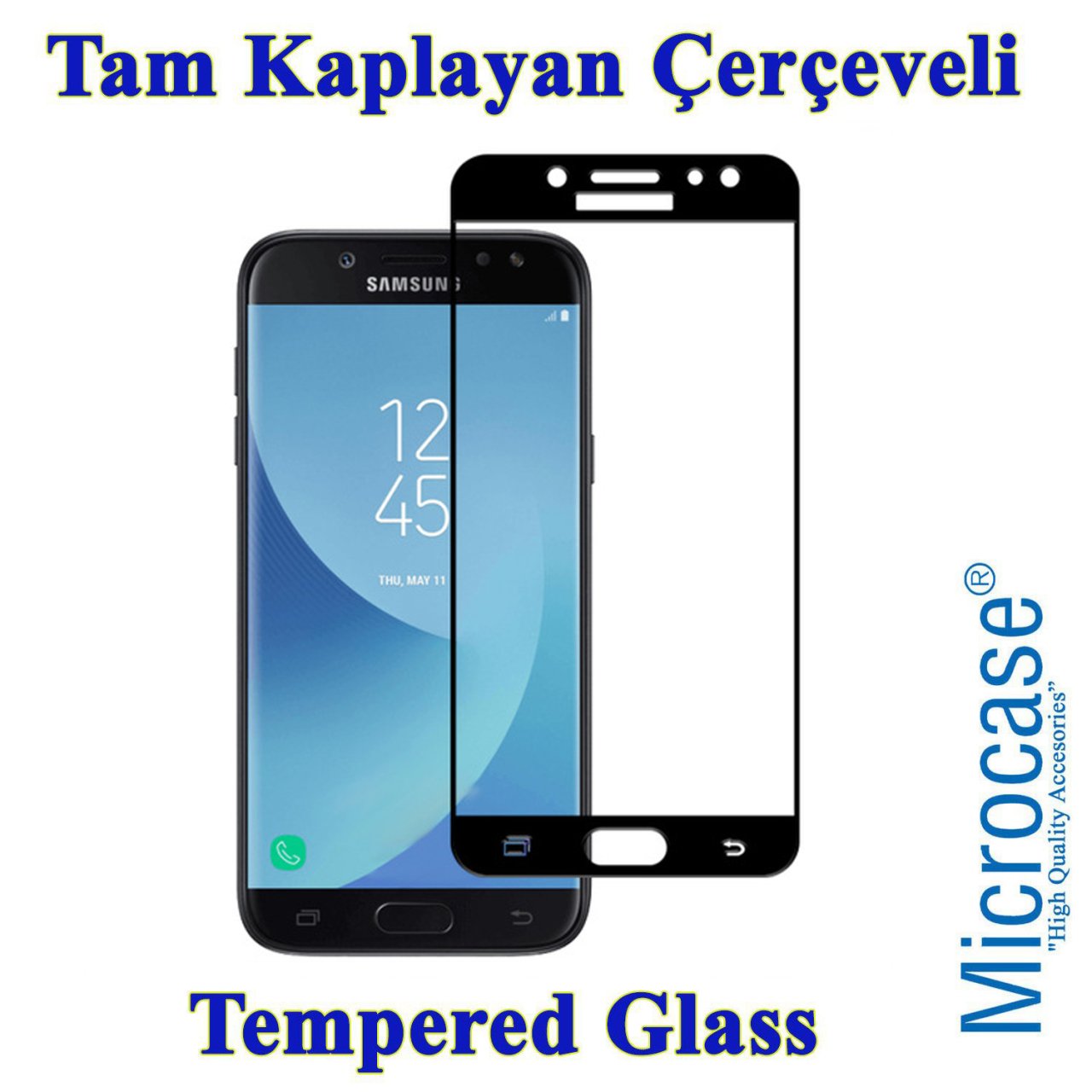 Samsung Galaxy J7 Pro Tam Kaplayan Çerçeveli Tempered Cam Siyah