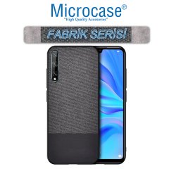 Microcase Huawei P Smart S - Y8P Fabrik Serisi Kumaş ve Deri Desen Kılıf  - Siyah + Tempered Glass Cam Koruma
