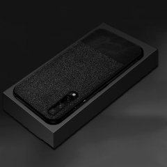 Microcase Huawei P Smart S - Y8P Fabrik Serisi Kumaş ve Deri Desen Kılıf  - Siyah + Tempered Glass Cam Koruma
