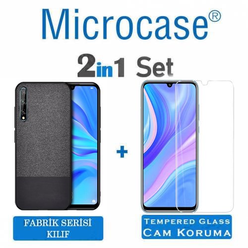 Microcase Huawei P Smart S - Y8P Fabrik Serisi Kumaş ve Deri Desen Kılıf  - Siyah + Tempered Glass Cam Koruma