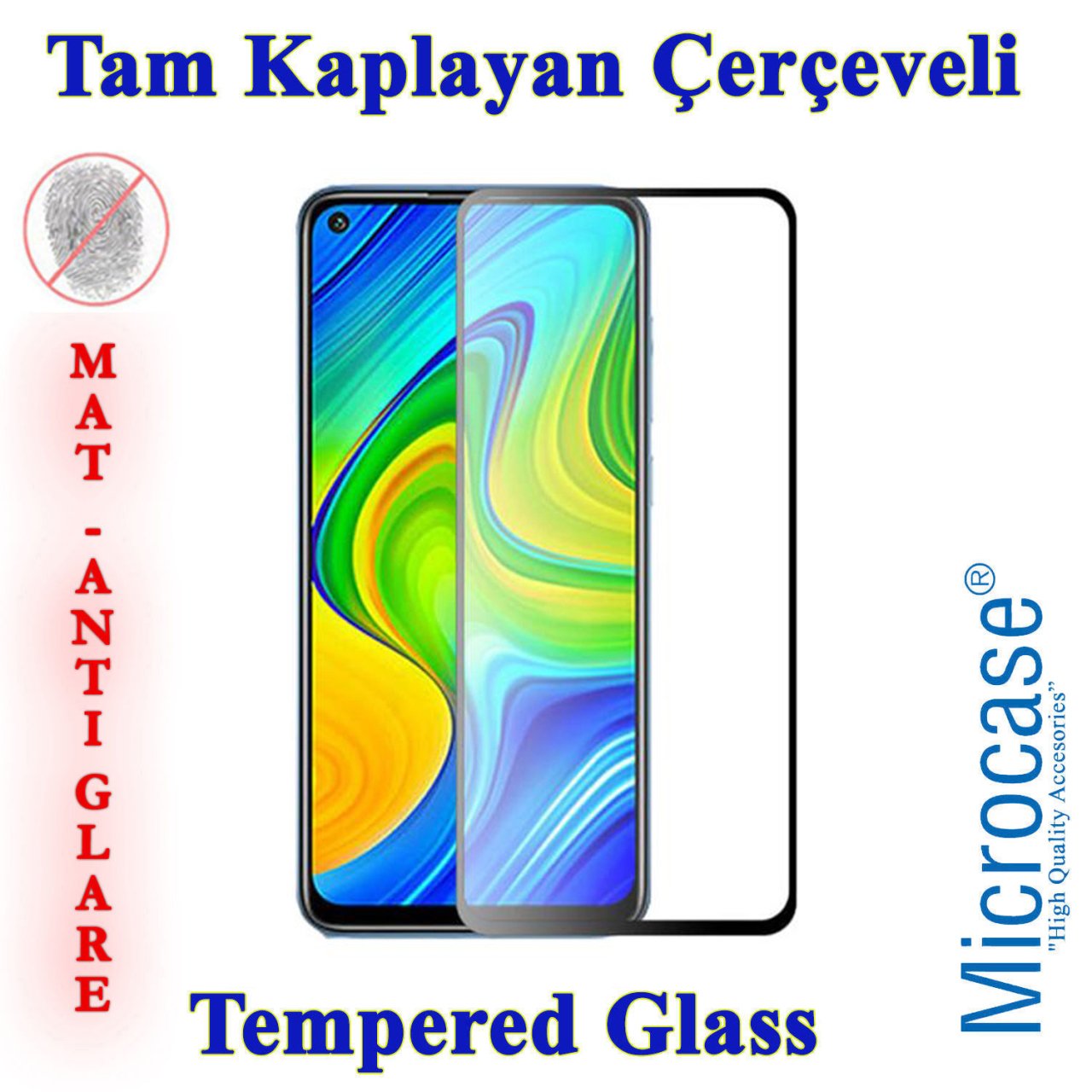 Microcase Xiaomi Redmi Note 9 Tam Kaplayan Çerçeveli Tempered Ekran Koruyucu - Mat Siyah