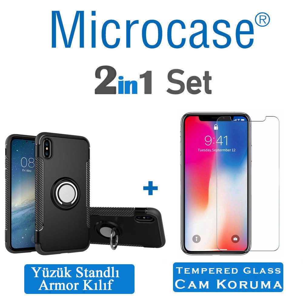 Microcase iPhone X - iPhone XS Yüzük Standlı Armor Silikon Kılıf - Siyah + Tempered Glass Cam Koruma