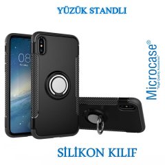 Microcase iPhone X - iPhone XS Yüzük Standlı Armor Silikon Kılıf - Siyah + Tempered Glass Cam Koruma