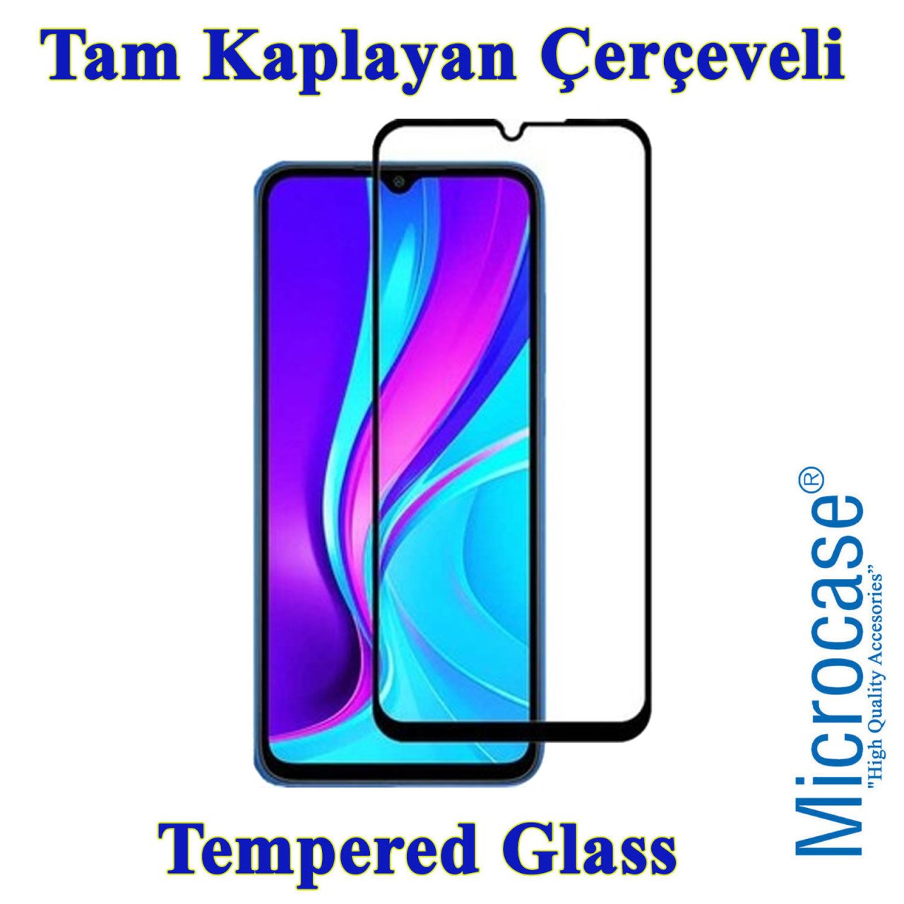Xiaomi Redmi 9C Tam Kaplayan Çerçeveli Tempered Cam Ekran Koruyucu Siyah
