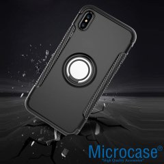 Microcase iPhone X - iPhone XS Yüzük Standlı Armor Silikon Kılıf - Siyah + Tempered Glass Cam Koruma