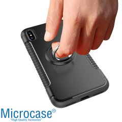 Microcase iPhone X - iPhone XS Yüzük Standlı Armor Silikon Kılıf - Siyah + Tempered Glass Cam Koruma