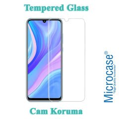 Microcase Huawei P Smart S - Y8P Fabrik Serisi Kumaş ve Deri Desen Kılıf  - Gri + Tempered Glass Cam Koruma