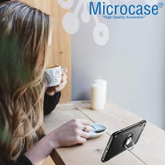 Microcase iPhone X - iPhone XS Yüzük Standlı Armor Silikon Kılıf - Siyah + Tempered Glass Cam Koruma