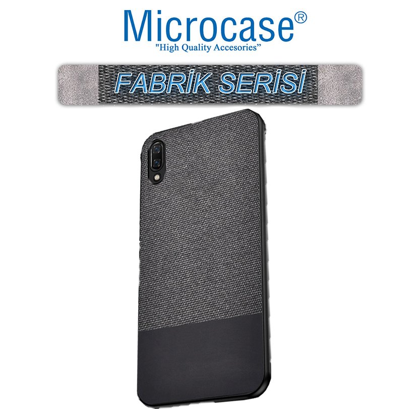 Microcase Huawei Y7 2019 Fabrik Serisi Kumaş ve Deri Desen Kılıf - Siyah