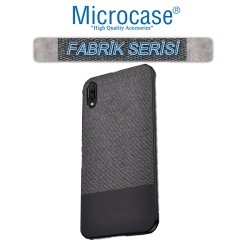 Microcase Huawei Y7 2019 Fabrik Serisi Kumaş ve Deri Desen Kılıf - Siyah