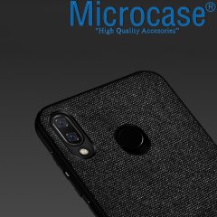 Microcase Huawei Y7 2019 Fabrik Serisi Kumaş ve Deri Desen Kılıf - Siyah