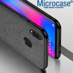 Microcase Huawei Y7 2019 Fabrik Serisi Kumaş ve Deri Desen Kılıf - Gri