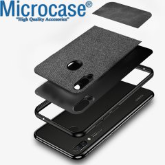 Microcase Huawei Y7 2019 Fabrik Serisi Kumaş ve Deri Desen Kılıf - Gri