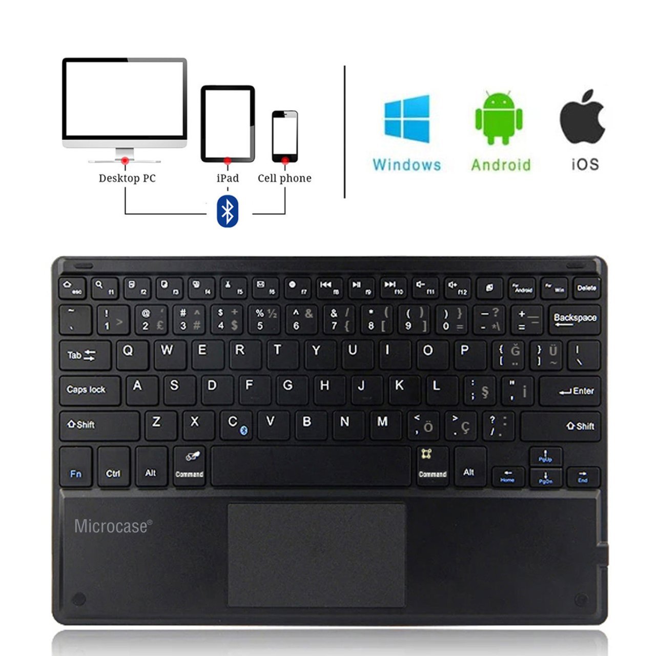 Microcase Tablet ve Telefonlar için Şarjlı Touchpadli Türkçe Bluetooth Klavye 28 cm - AL2745 Siyah