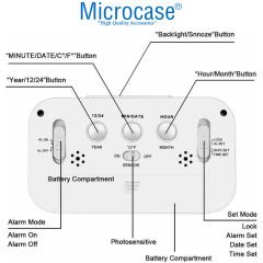 Microcase Dijital Masa Saati Fotoselli Alarmlı Işıklı Termometre Takvim Çalar Saatli AL4056