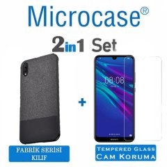 Microcase Huawei Y7 2019 Fabrik Serisi Kumaş ve Deri Desen Kılıf  - Siyah + Tempered Glass Cam Koruma