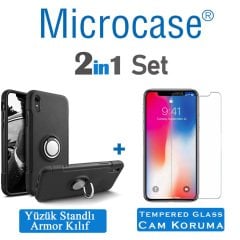 Microcase iPhone XR Yüzük Standlı Armor Silikon Kılıf - Siyah + Tempered Glass Cam Koruma