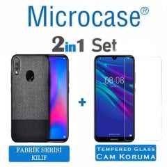 Microcase Huawei Y7 2019 Fabrik Serisi Kumaş ve Deri Desen Kılıf  - Gri + Tempered Glass Cam Koruma