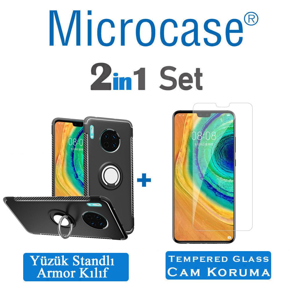 Microcase Huawei Mate 30 Yüzük Standlı Armor Silikon Kılıf - Siyah + Tempered Glass Cam Koruma