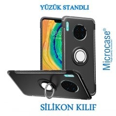 Microcase Huawei Mate 30 Yüzük Standlı Armor Silikon Kılıf - Siyah + Tempered Glass Cam Koruma