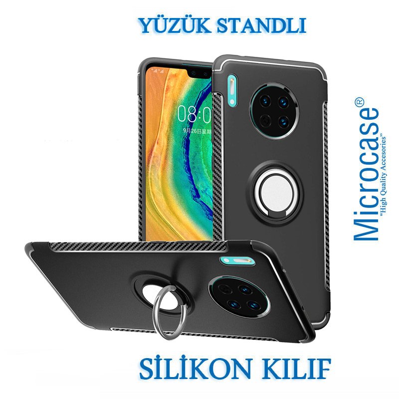 Microcase Huawei Mate 30 Yüzük Standlı Armor Silikon Kılıf - Siyah