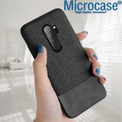 Microcase Xiaomi Redmi 9 Fabrik Serisi Kumaş ve Deri Desen Kılıf - Siyah