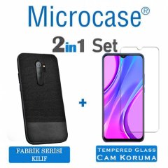 Microcase Xiaomi Redmi 9 Fabrik Serisi Kumaş ve Deri Desen Kılıf  - Siyah + Tempered Glass Cam Koruma
