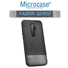 Microcase Xiaomi Redmi 9 Fabrik Serisi Kumaş ve Deri Desen Kılıf  - Gri+ Tempered Glass Cam Koruma