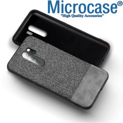 Microcase Xiaomi Redmi 9 Fabrik Serisi Kumaş ve Deri Desen Kılıf  - Gri+ Tempered Glass Cam Koruma