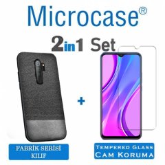 Microcase Xiaomi Redmi 9 Fabrik Serisi Kumaş ve Deri Desen Kılıf  - Gri+ Tempered Glass Cam Koruma