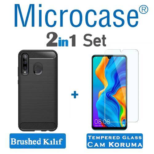 Microcase Huawei Honor 20 Lite Brushed Carbon Fiber Silikon Kılıf - Siyah + Tempered Glass Cam Koruma