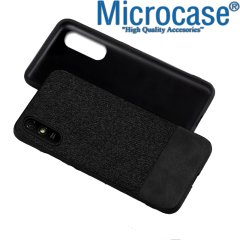 Microcase Xiaomi Redmi 9A Fabrik Serisi Kumaş ve Deri Desen Kılıf  - Siyah + Tempered Glass Cam Koruma