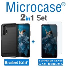 Microcase Huawei Honor 20 Pro Brushed Carbon Fiber Silikon Kılıf - Siyah + Tempered Glass Cam Koruma