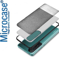 Microcase Xiaomi Mi Note 10 Lite Fabrik Serisi Kumaş ve Deri Desen Kılıf - Gri
