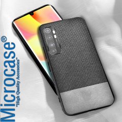 Microcase Xiaomi Mi Note 10 Lite Fabrik Serisi Kumaş ve Deri Desen Kılıf - Gri