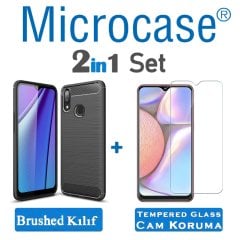Microcase Samsung Galaxy A10s Brushed Carbon Fiber Silikon Kılıf - Siyah + Tempered Glass Cam Koruma