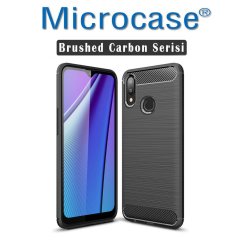 Microcase Samsung Galaxy A10s Brushed Carbon Fiber Silikon Kılıf - Siyah + Tempered Glass Cam Koruma