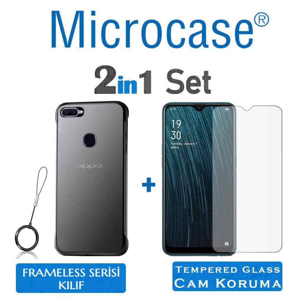 Microcase Oppo A5S - Oppo AX7 Frameless Serisi Sert Rubber Kılıf - Siyah + Tempered Glass Cam Koruma