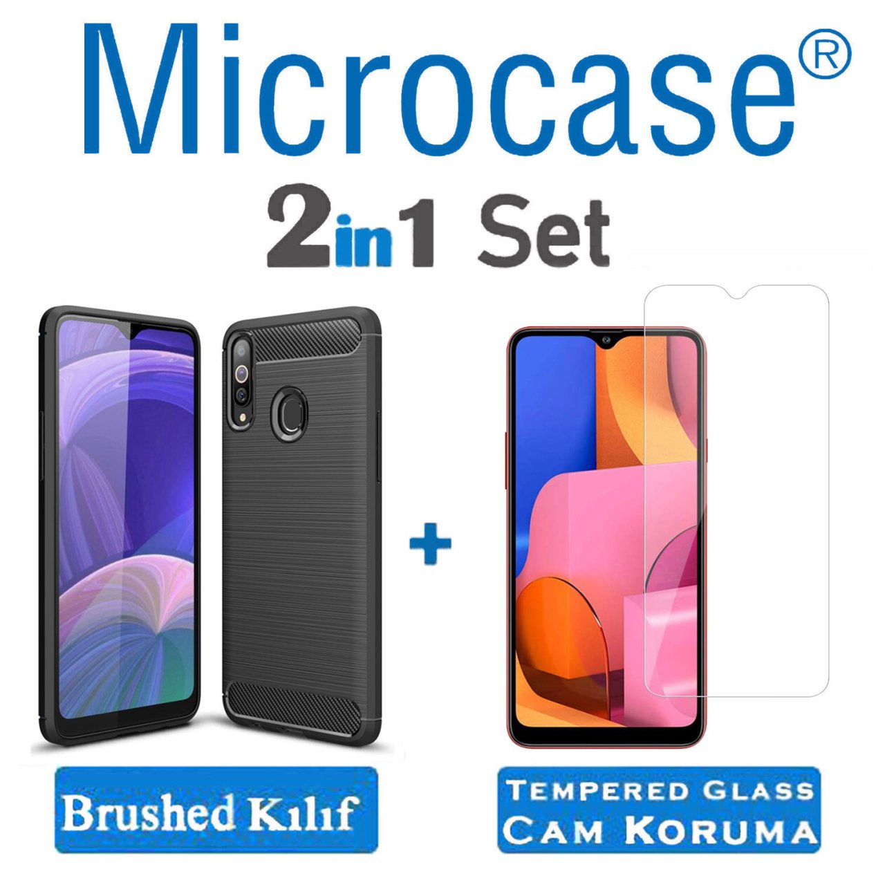 Microcase Samsung Galaxy A20s Brushed Carbon Fiber Silikon Kılıf - Siyah + Tempered Glass Cam Koruma