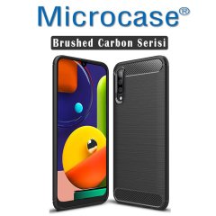 Microcase Samsung Galaxy A50s Brushed Carbon Fiber Silikon Kılıf - Siyah + Tempered Glass Cam Koruma