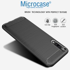 Microcase Samsung Galaxy A50s Brushed Carbon Fiber Silikon Kılıf - Siyah + Tempered Glass Cam Koruma